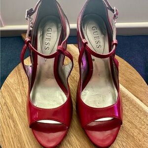 GUESS Women's Glossy Red T-Strap Peep-Toe Heels